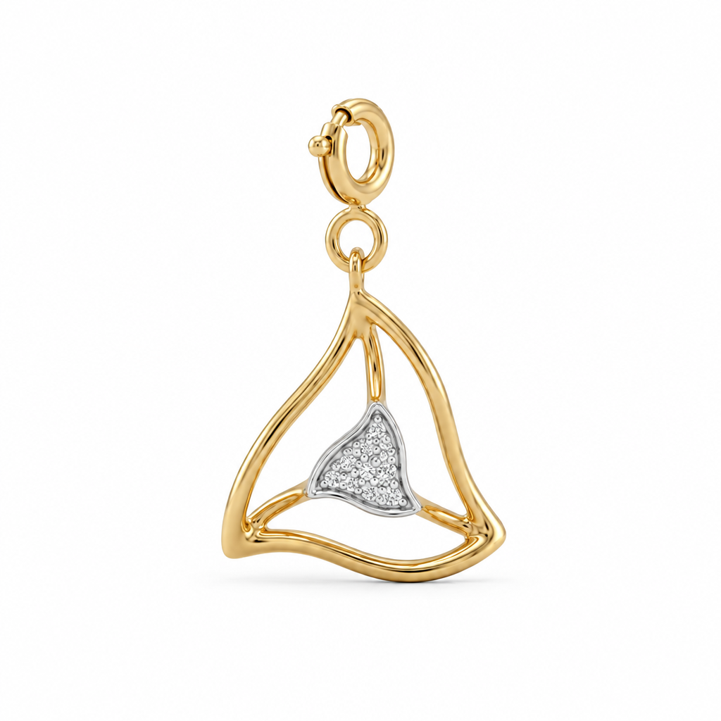 Gold swirled triangle pendant on a chain, set with sparkling diamond accents priced under Rs. 20,000