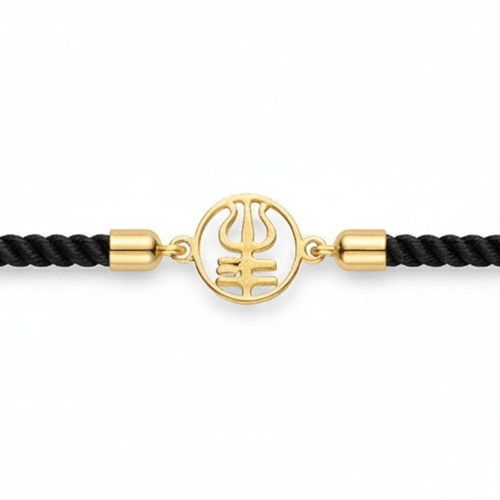 Black rope men's gold bracelet featuring an 18kt gold Trishul symbol charm pendant under Rs. 15,000