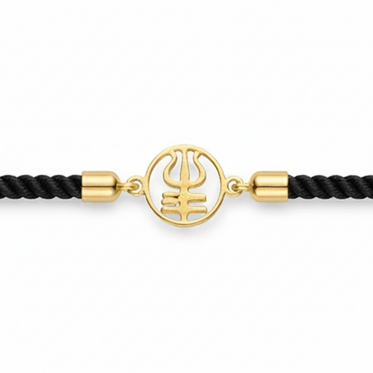 Black rope men's gold bracelet featuring an 18kt gold Trishul symbol charm pendant under Rs. 15,000