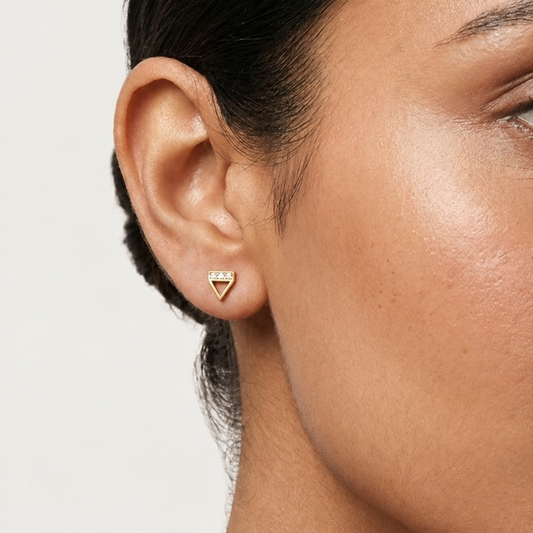 Gold inverted triangle stud earrings set with a row of round diamonds, priced under Rs. 30,000