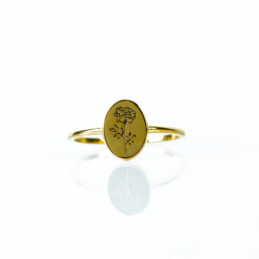Caratly 18kt gold Flower Engraved Ring with oval signet face and etched floral rose design, a perfect gift for her under Rs. 30,000