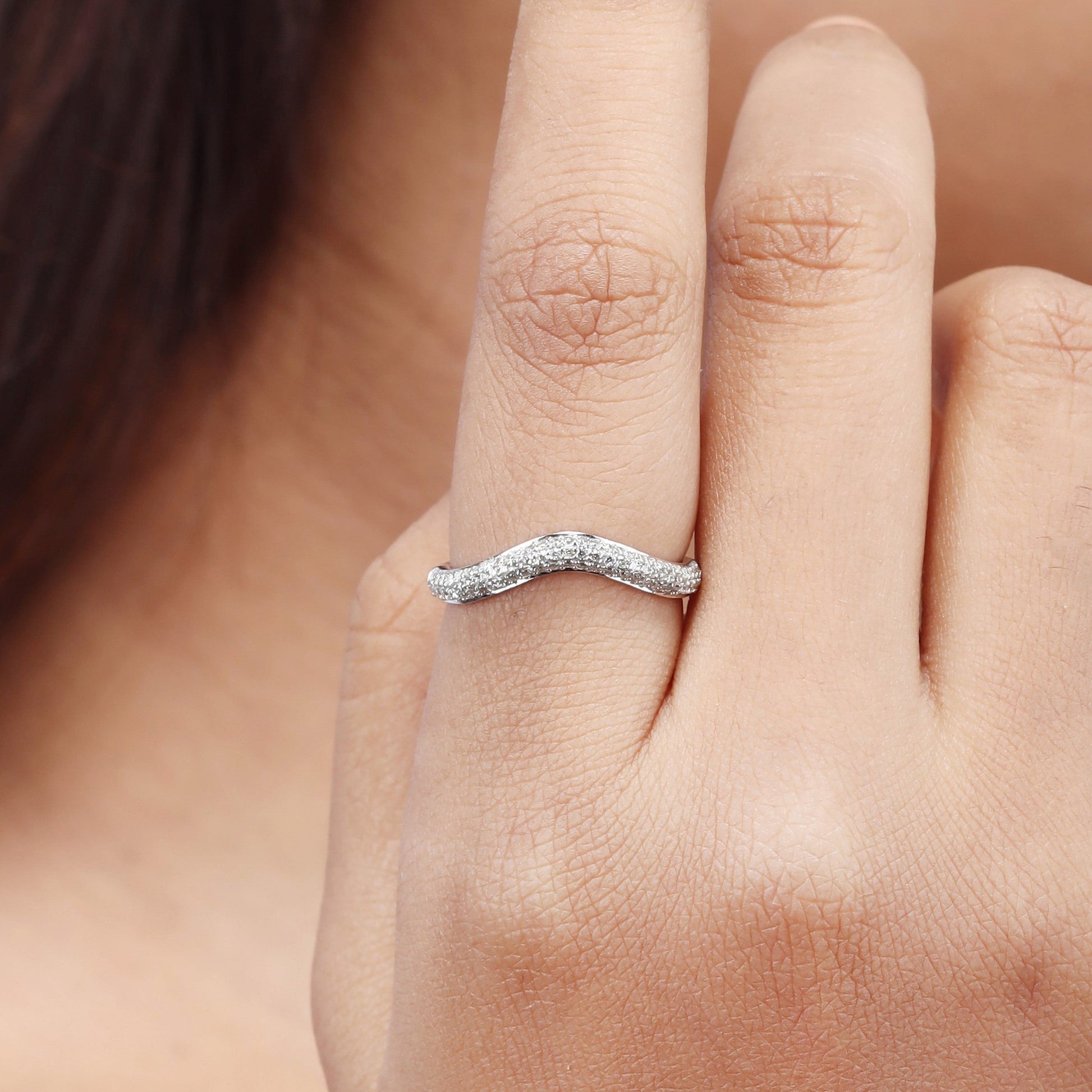 Caratly 18kt white gold Cluster Diamond Ring with 0.28ct diamond pave in a curved wishbone v-shape design under Rs. 70,000