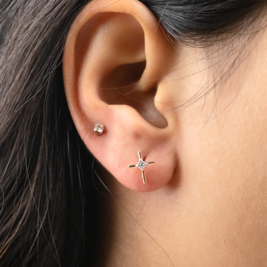 Caratly 18kt gold Cross Diamond Earring with 0.02ct diamond center X-shape stud design, minimalist gift for her under 20,000